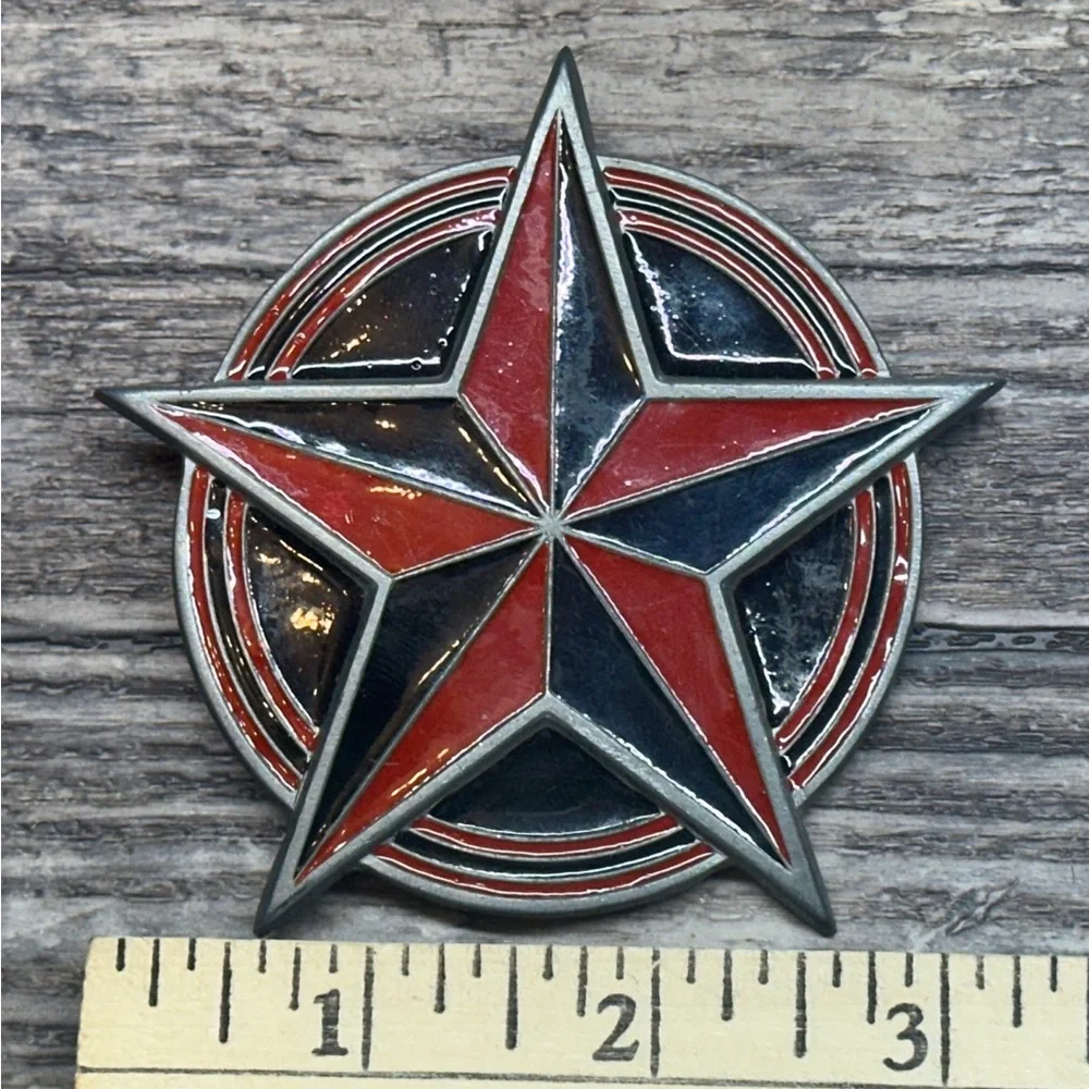 Vintage 2002 Western Star Enamel Belt Buckle Americana Red Blue - GUC